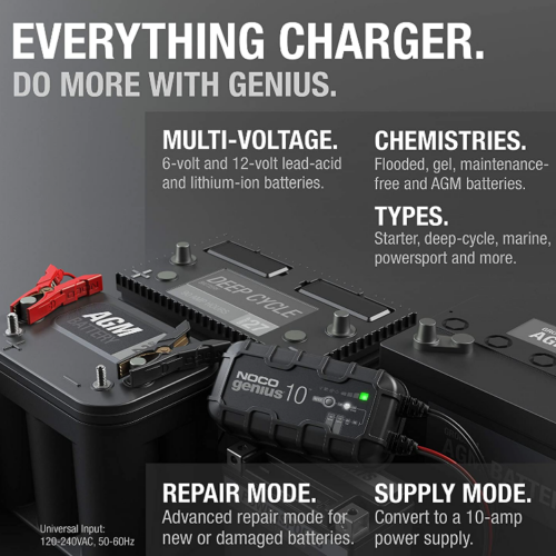 Noco 10-Amp Battery Charger, Battery Maintainer, and Battery Desulfator • GENIUS10