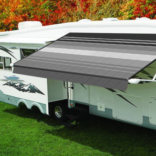 Carefree Eclipse 12V Power Awning - 15 ft., Black/Gray Stripe Vinyl, White Weatherguard • QJ158D00