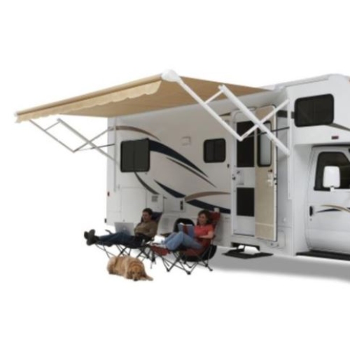 Carefree RV QJ198D8D RV Patio Electric/ Manual Awning , Black/ Gray Dune Stripes